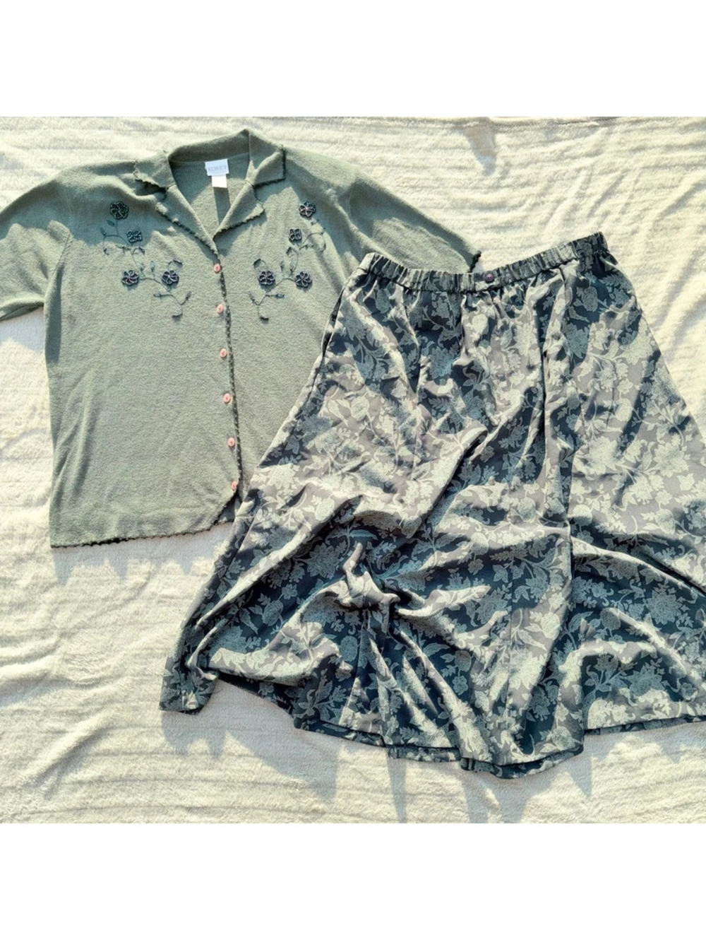 Whimsy Goth Sage Green Vintage Koret Beaded Button Up and Skirt Set